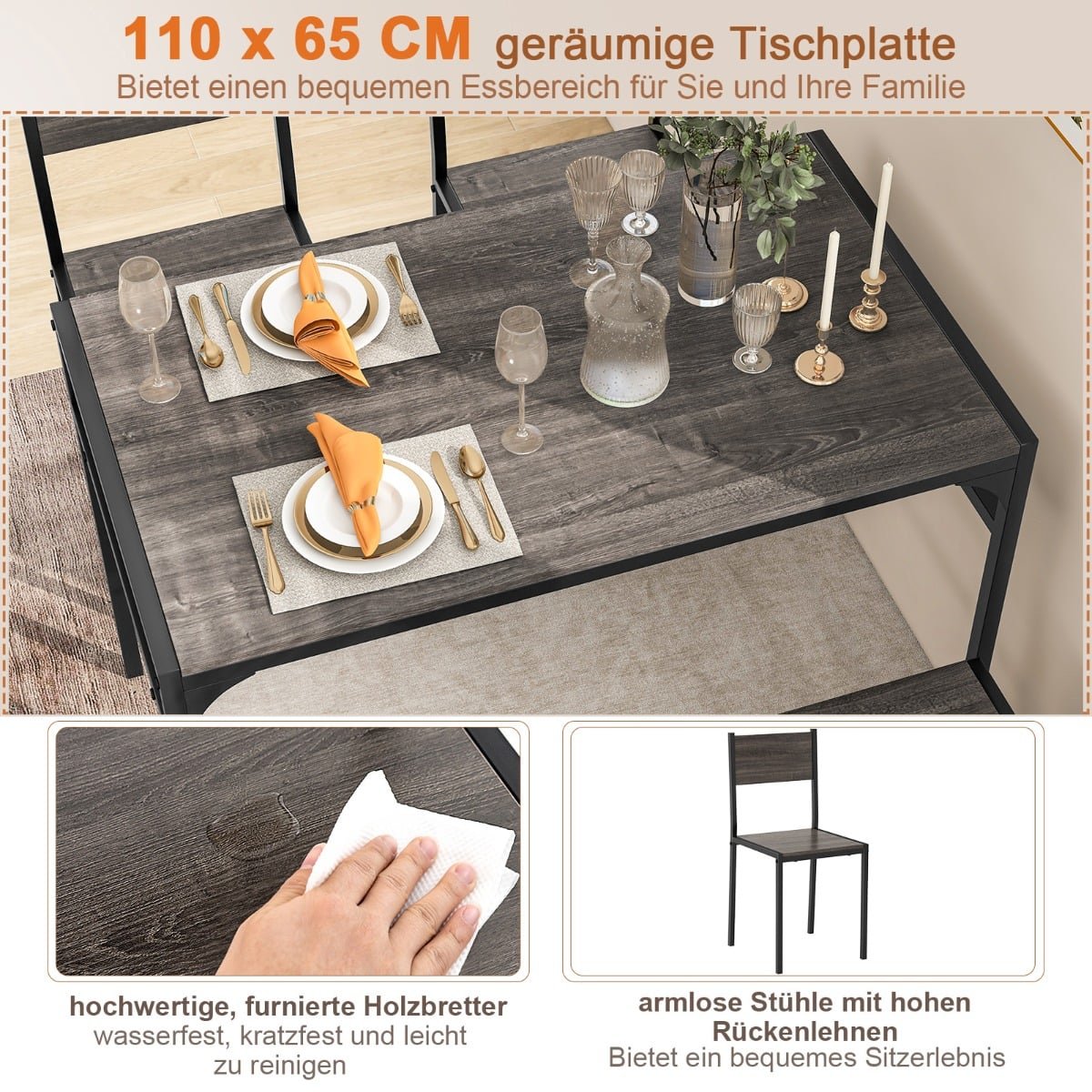 4-Piece Dining Set with Table, 2 Chairs & Bench, Grey