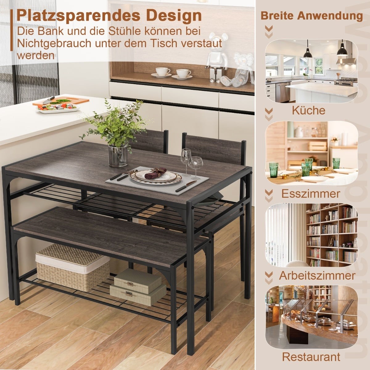4-Piece Dining Set with Table, 2 Chairs & Bench, Grey
