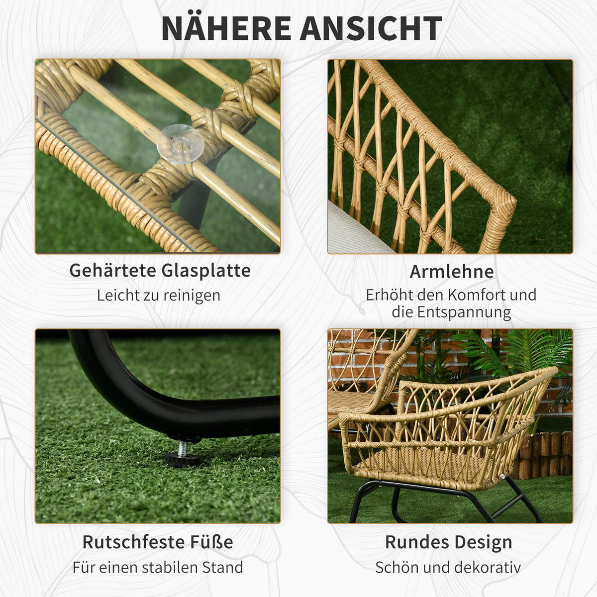 4-Piece Garden Furniture Set, Rattan Seating Set With 2 Armchairs, 1 Coffee Table, 1 Two-Seater, Seating Area With Cream Cushions, Balcony Furniture Set, Steel + Polyester, Sand