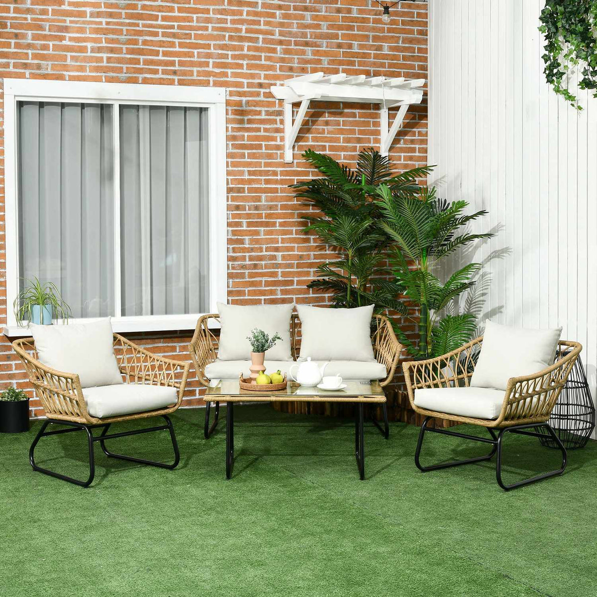 4-Piece Garden Furniture Set, Rattan Seating Set With 2 Armchairs, 1 Coffee Table, 1 Two-Seater, Seating Area With Cream Cushions, Balcony Furniture Set, Steel + Polyester, Sand