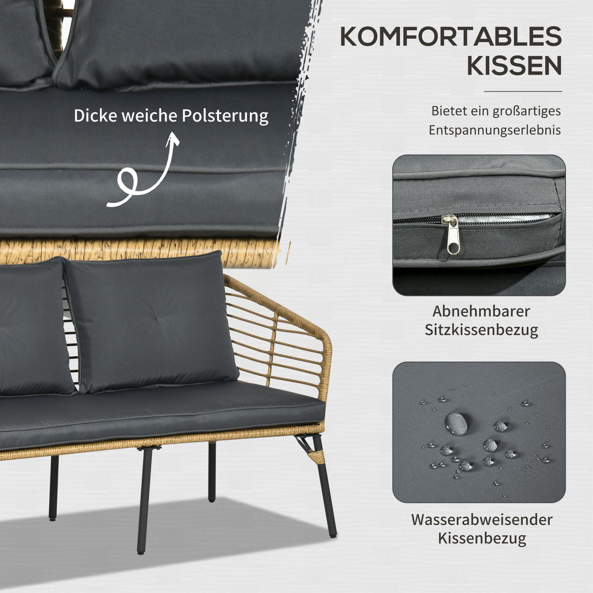 4-Piece Garden Furniture Set, Rattan Seating Set With Cushions, Seating Group With 3 Armchairs, 1 Coffee Table, Boho-Style Balcony Furniture For 4 People, Sand + Dark Gray