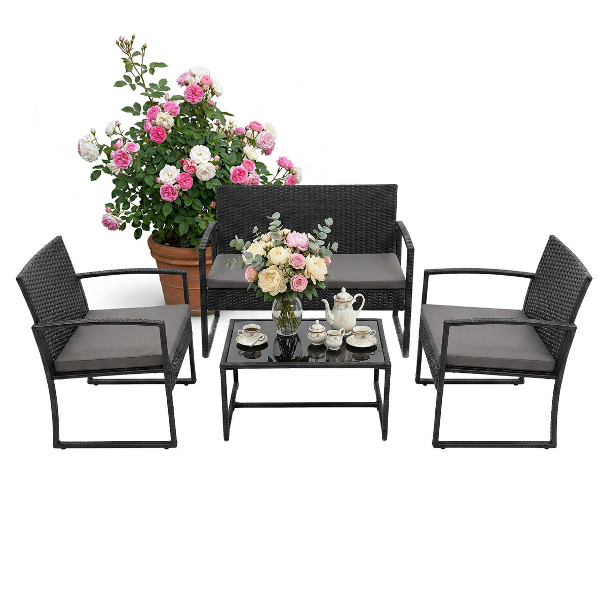 4-Piece Outdoor Rattan Furniture Set with Cushions