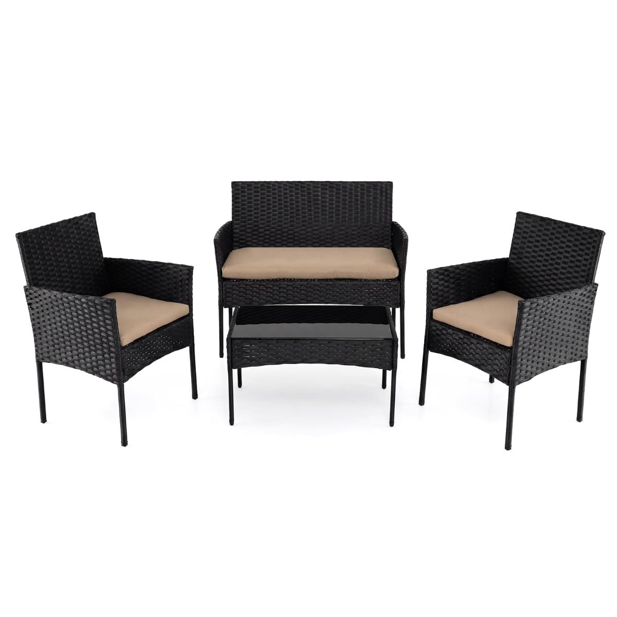 4-Piece PE Rattan Patio Set With Cushions, Glass Table