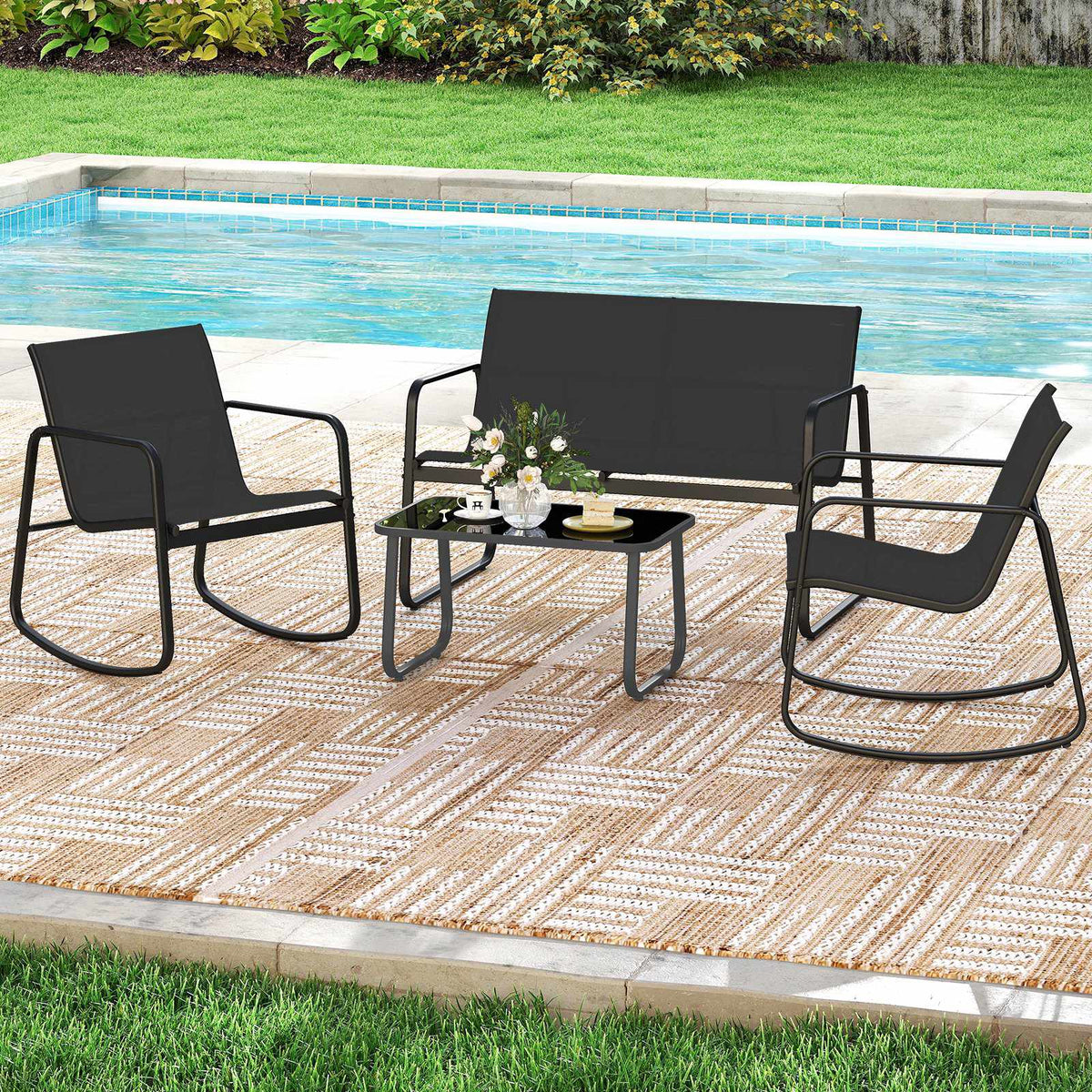 4-Piece Patio Furniture Set, Rocking Chairs, Glass Table, Black