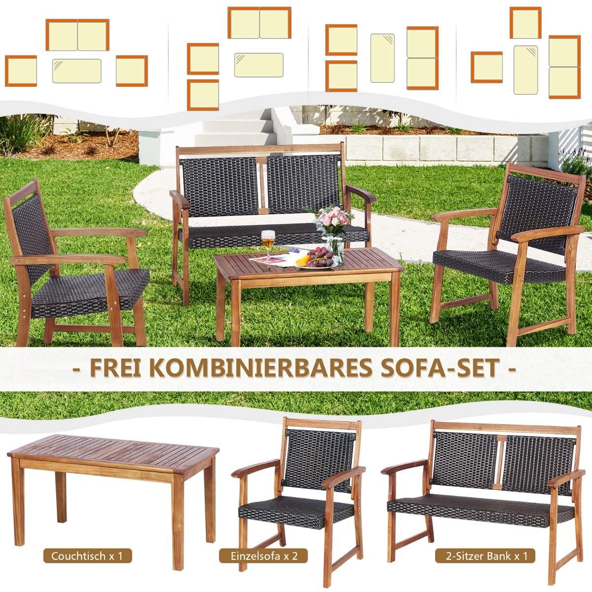 4 Piece Patio Rattan Conversation Set with Acacia Wood Frame Sectional Furniture Set for Garden