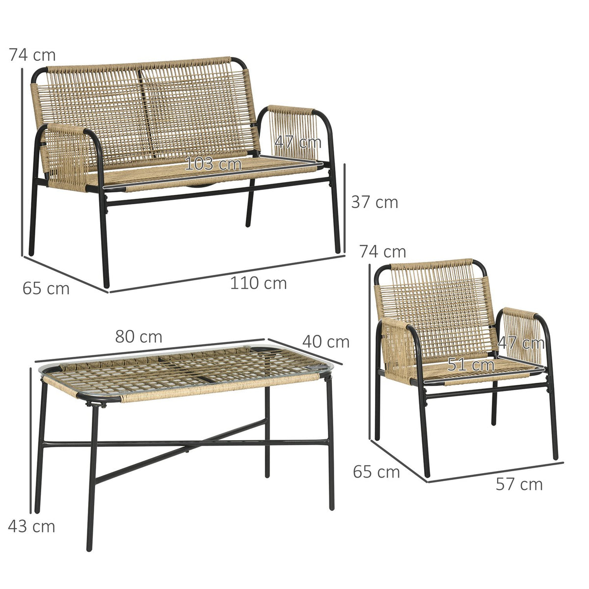 4-Piece Polyrattan Garden Furniture Set, Seating Group With 1 Two-Seater, 2 Armchairs, 1 Coffee Table With Glass Table Top, Garden Furniture With Seat Cushions, For Garden, Terrace, Yellow