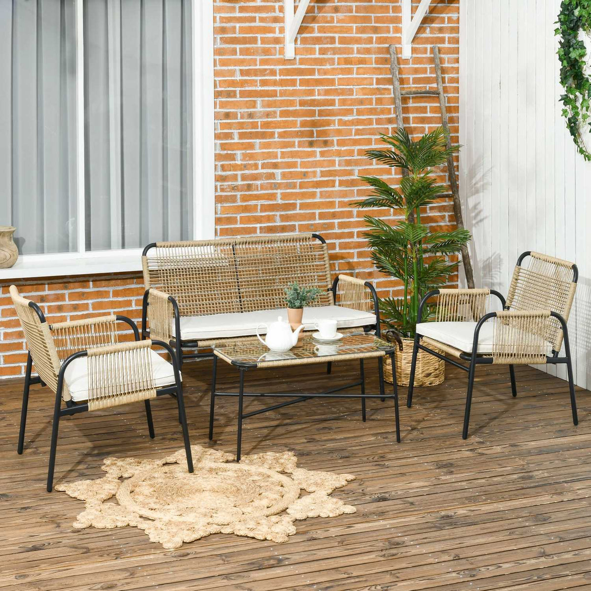 4-Piece Polyrattan Garden Furniture Set, Seating Group With 1 Two-Seater, 2 Armchairs, 1 Coffee Table With Glass Table Top, Garden Furniture With Seat Cushions, For Garden, Terrace, Yellow