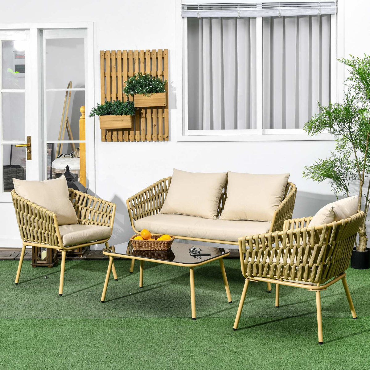 4-Piece Rattan Garden Furniture Set, Seating Area With 1 Coffee Table, 2 Armchairs, 1 Double Sofa, Garden Set With Cushions, Seating Set, Steel, Khaki