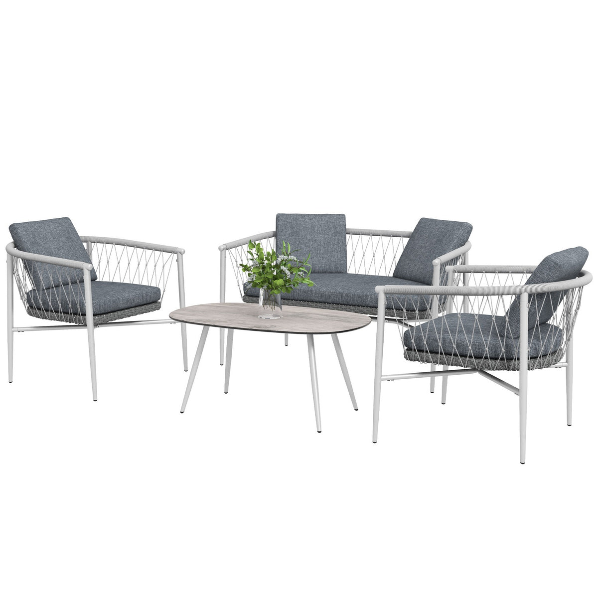 4-Piece Rattan Garden Furniture Set, Seating Area With Rocking Function, Garden Set With 1 Coffee Table, 2 Armchairs, 1 Double Sofa, Cushions, Steel, Gray