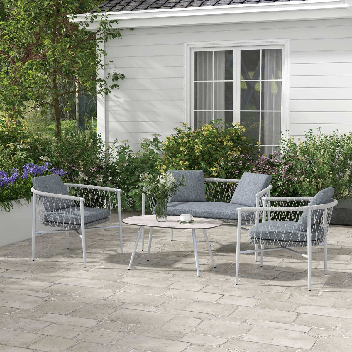4-Piece Rattan Garden Furniture Set, Seating Area With Rocking Function, Garden Set With 1 Coffee Table, 2 Armchairs, 1 Double Sofa, Cushions, Steel, Gray