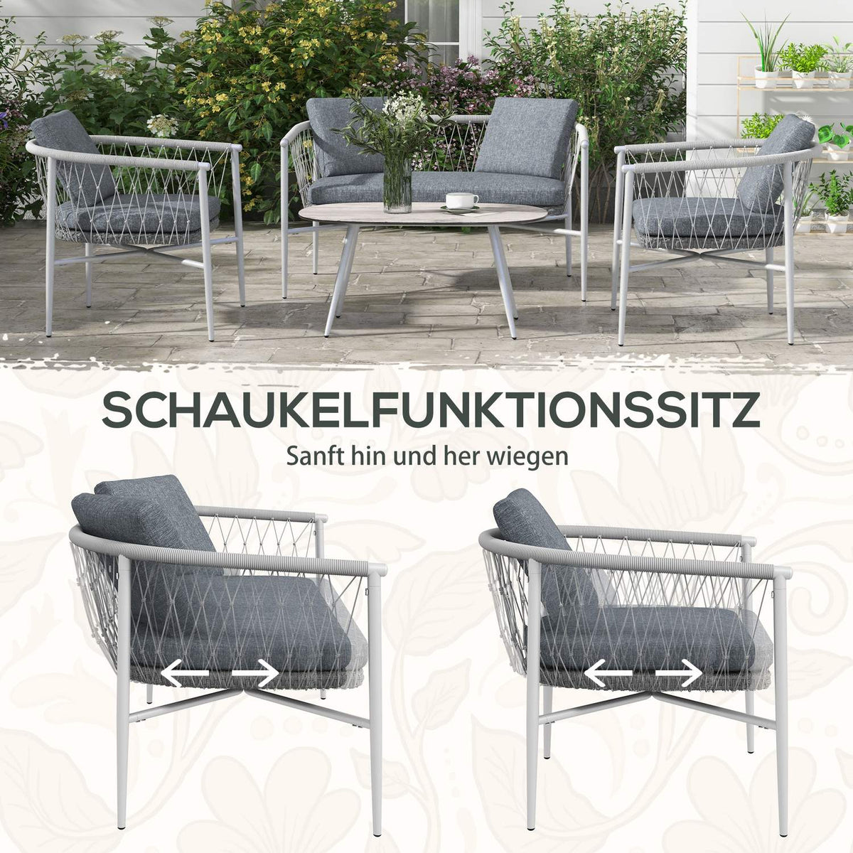4-Piece Rattan Garden Furniture Set, Seating Area With Rocking Function, Garden Set With 1 Coffee Table, 2 Armchairs, 1 Double Sofa, Cushions, Steel, Gray