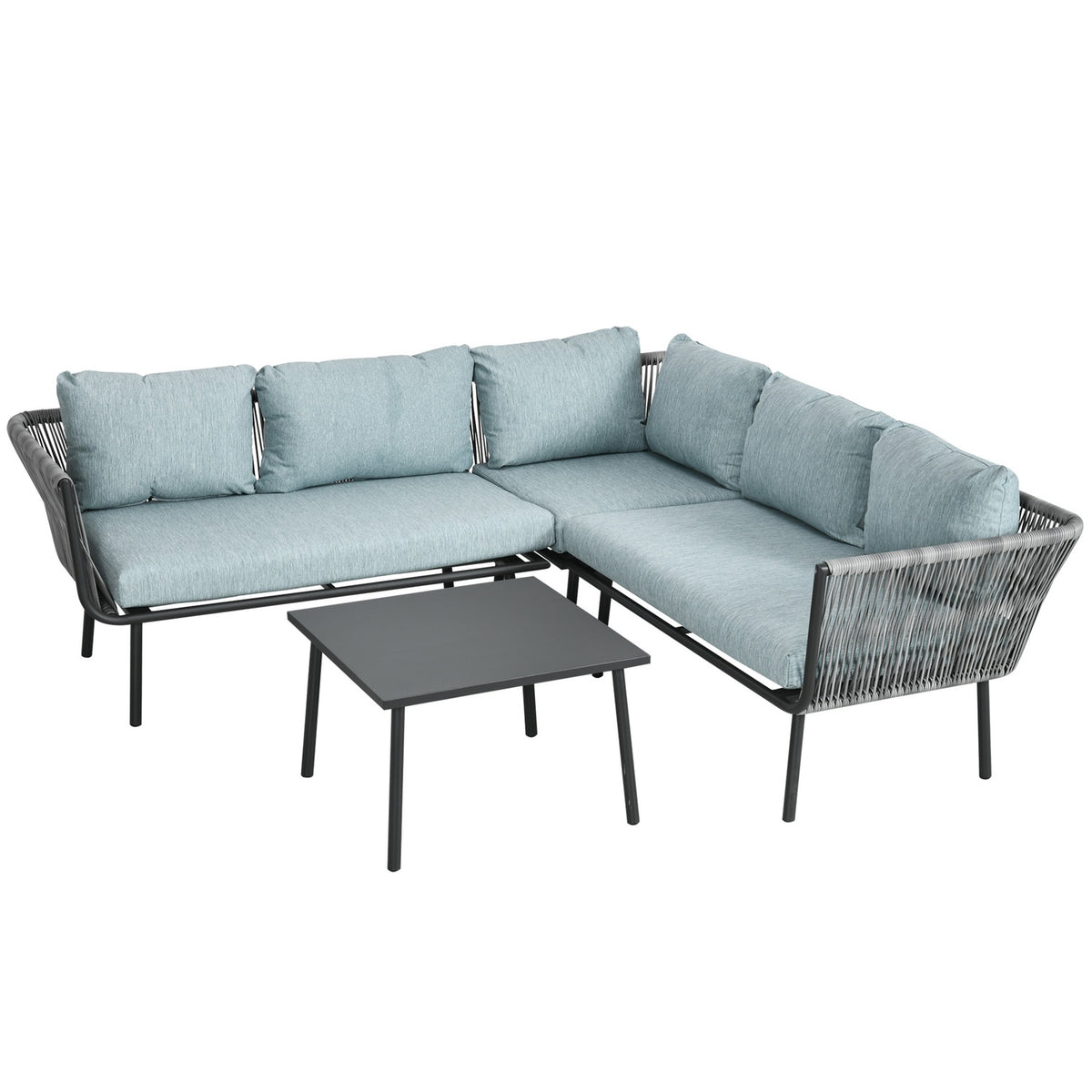 4-Piece Rattan Garden Furniture Set, Seating Set With Cushions, Seating Group With 2 Double Sofas, 1 Corner Sofa, 1 Coffee Table, Garden Set For Balcony, Terrace, Aluminum + Polyester, Gray