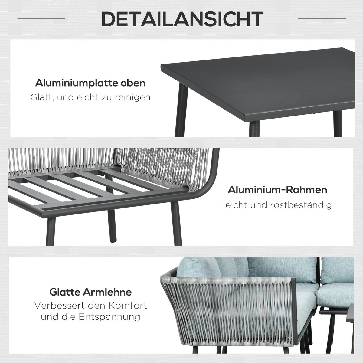 4-Piece Rattan Garden Furniture Set, Seating Set With Cushions, Seating Group With 2 Double Sofas, 1 Corner Sofa, 1 Coffee Table, Garden Set For Balcony, Terrace, Aluminum + Polyester, Gray