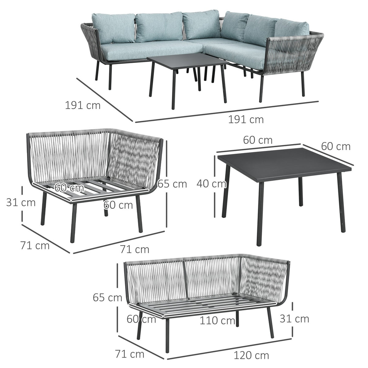 4-Piece Rattan Garden Furniture Set, Seating Set With Cushions, Seating Group With 2 Double Sofas, 1 Corner Sofa, 1 Coffee Table, Garden Set For Balcony, Terrace, Aluminum + Polyester, Gray