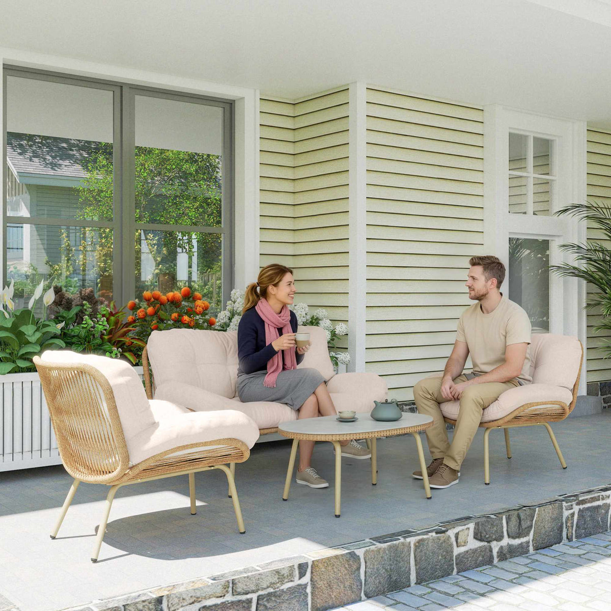 4-Piece Rattan Garden Furniture Set with Cushions