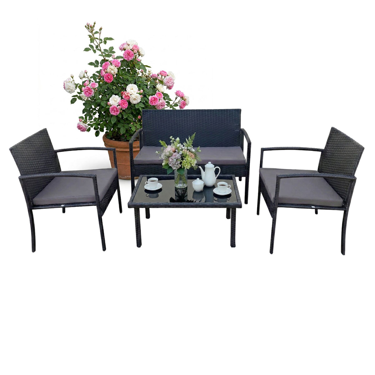 4-Piece Rattan Garden Furniture Set with Cushions