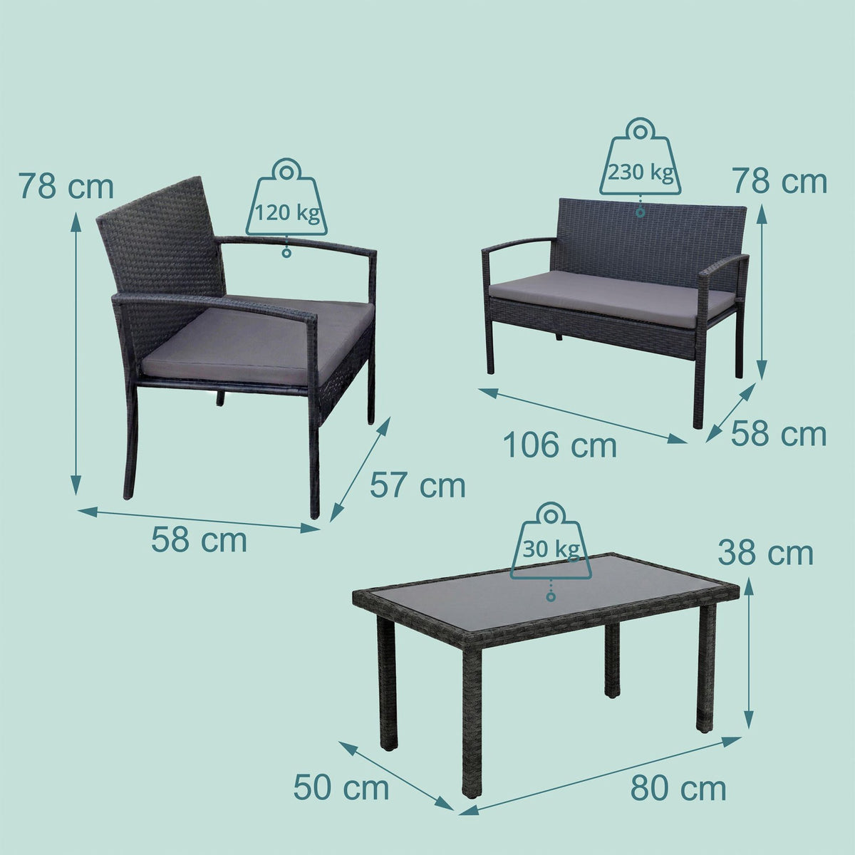 4-Piece Rattan Garden Furniture Set with Cushions