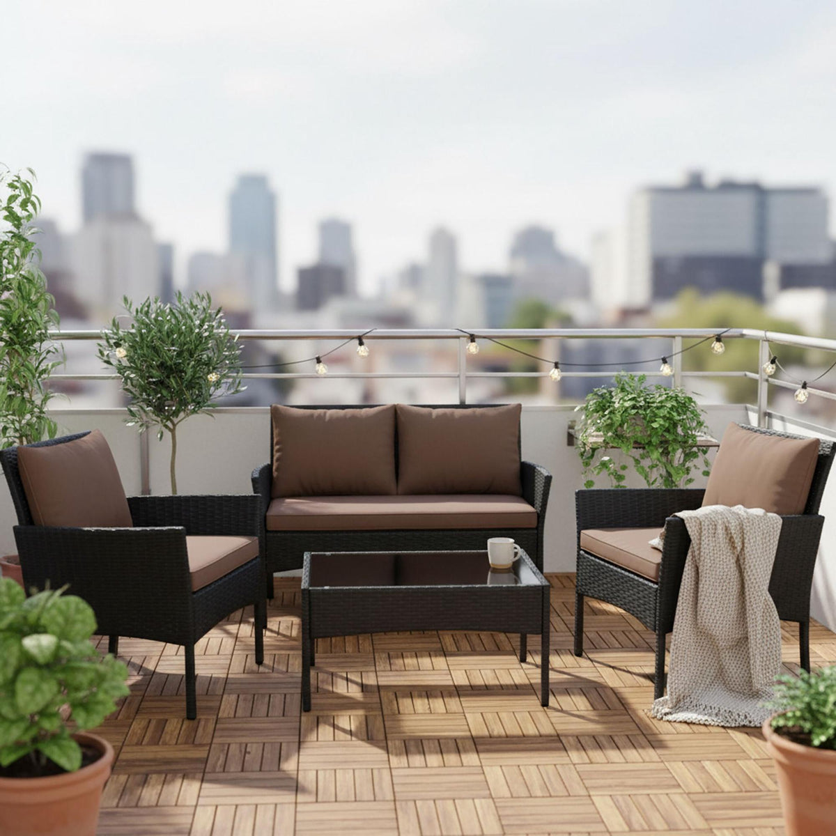 4-Piece Rattan Garden Furniture Set with Cushions