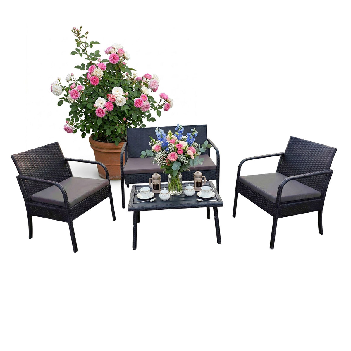 4-Piece Rattan Garden Set with Cushions