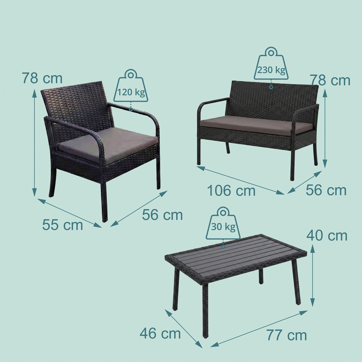 4-Piece Rattan Garden Set with Cushions