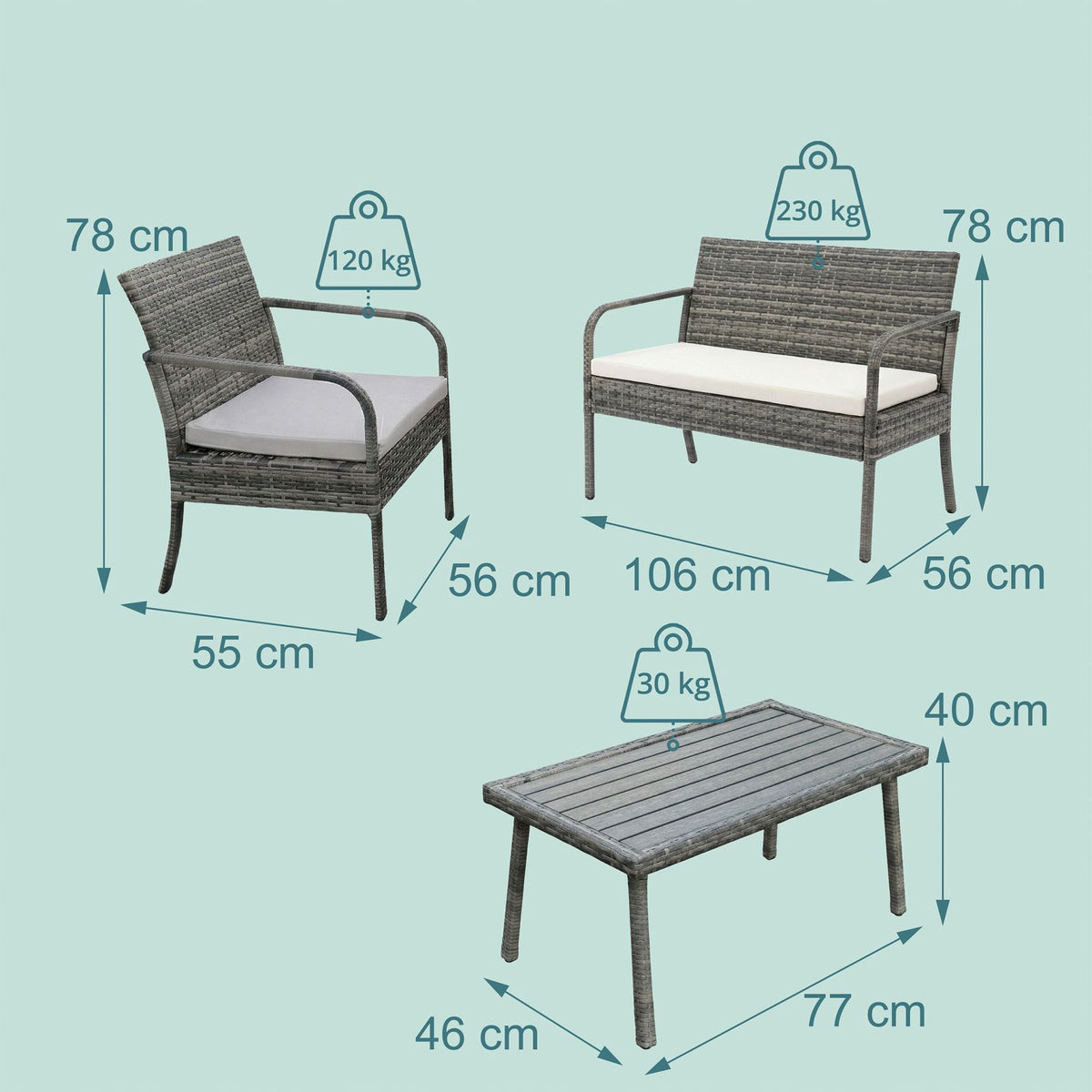 4-Piece Rattan Garden Set with Cushions