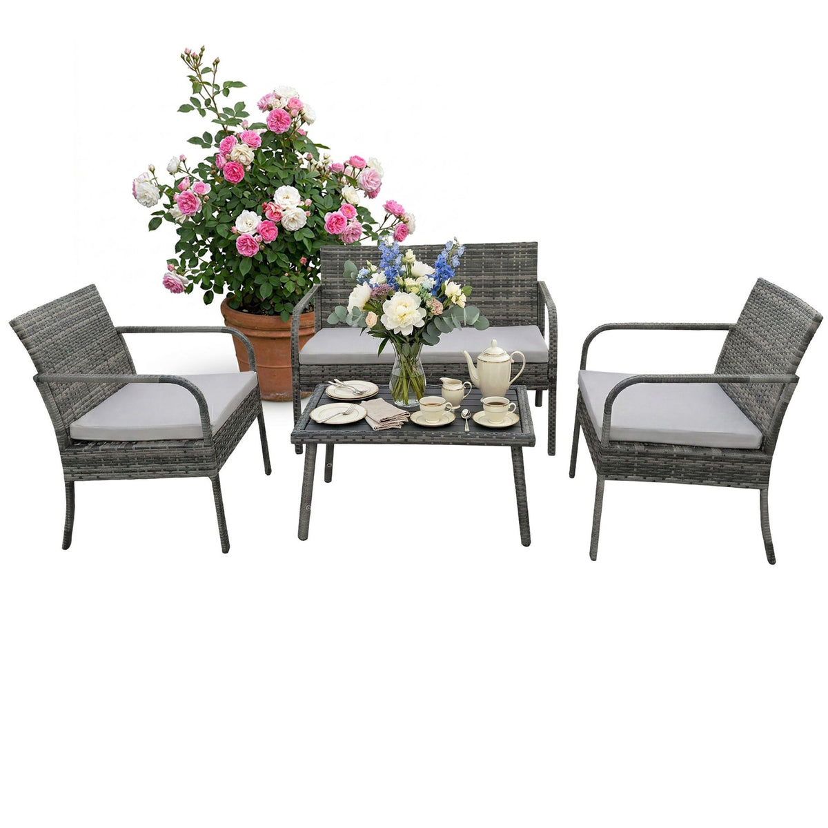 4-Piece Rattan Garden Set with Cushions