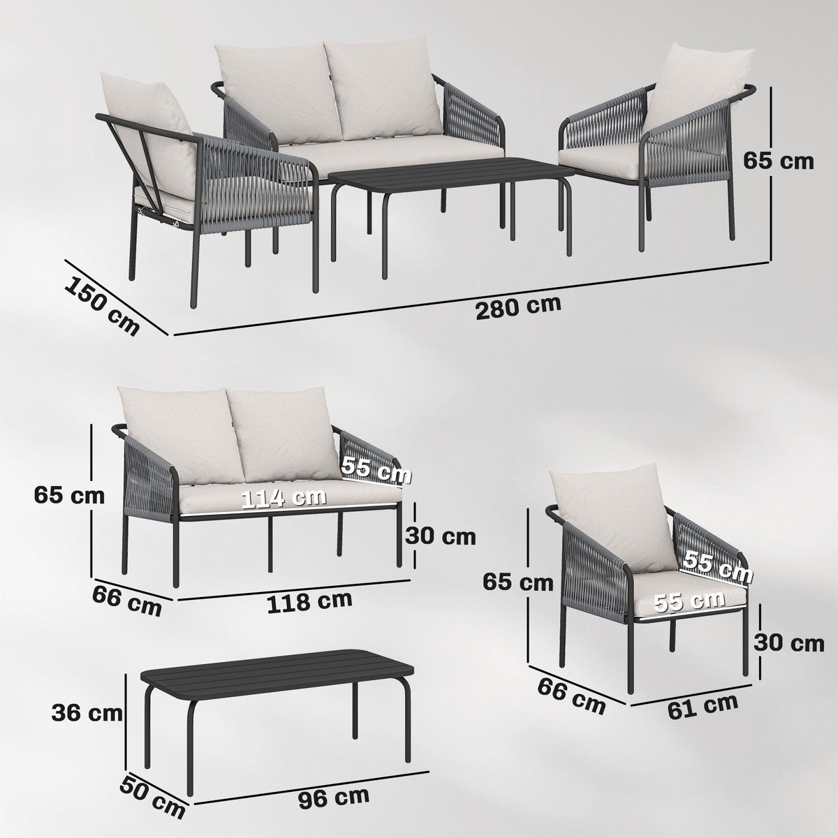 4-Piece Rattan Lounge Set with Cushions and Table