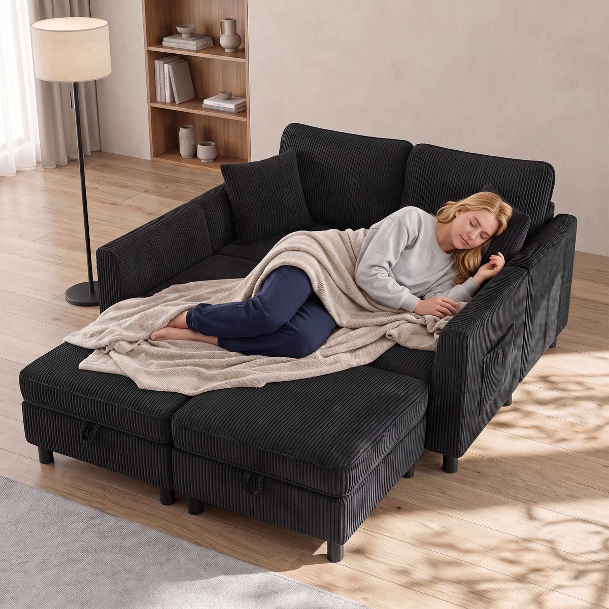4-Seater U-Shaped Corduroy Sofa with Storage Ottoman