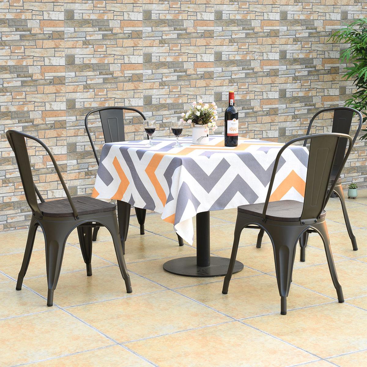 4 Stackable Metal Dining Chairs With Wood Seat, Gunmetal