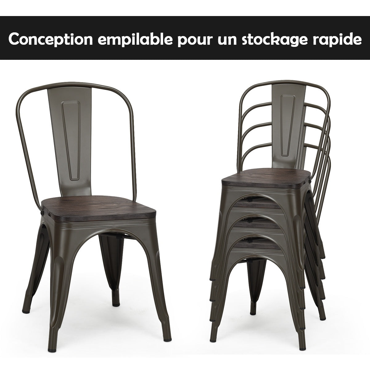 4 Stackable Metal Dining Chairs With Wood Seat, Gunmetal
