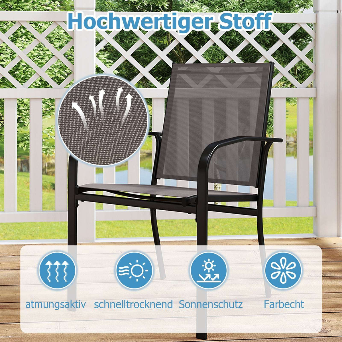 4 Stackable Outdoor Dining Chairs, Breathable Fabric, Gray