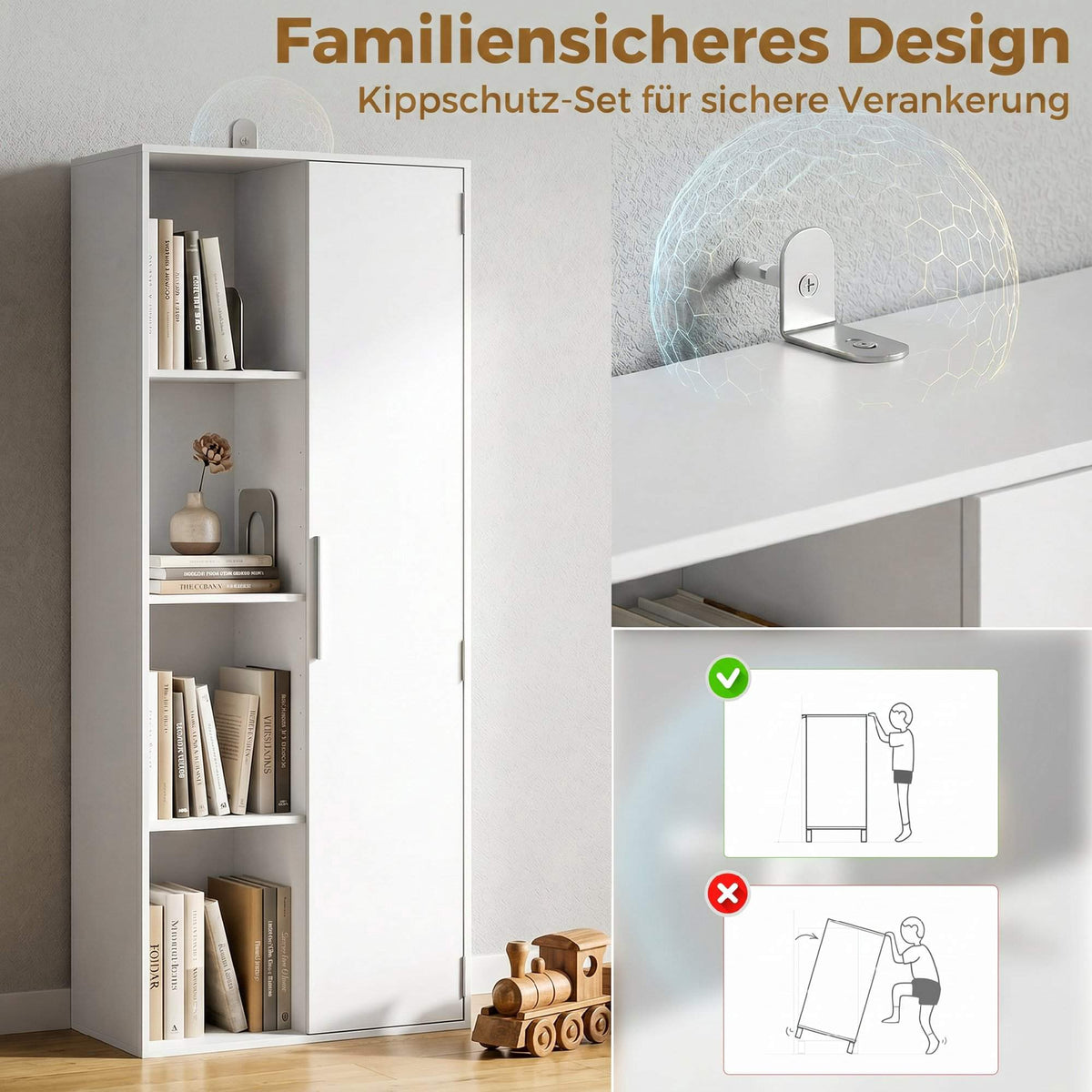 4-Tier Bookshelf with Adjustable Shelves and Cabinet, White