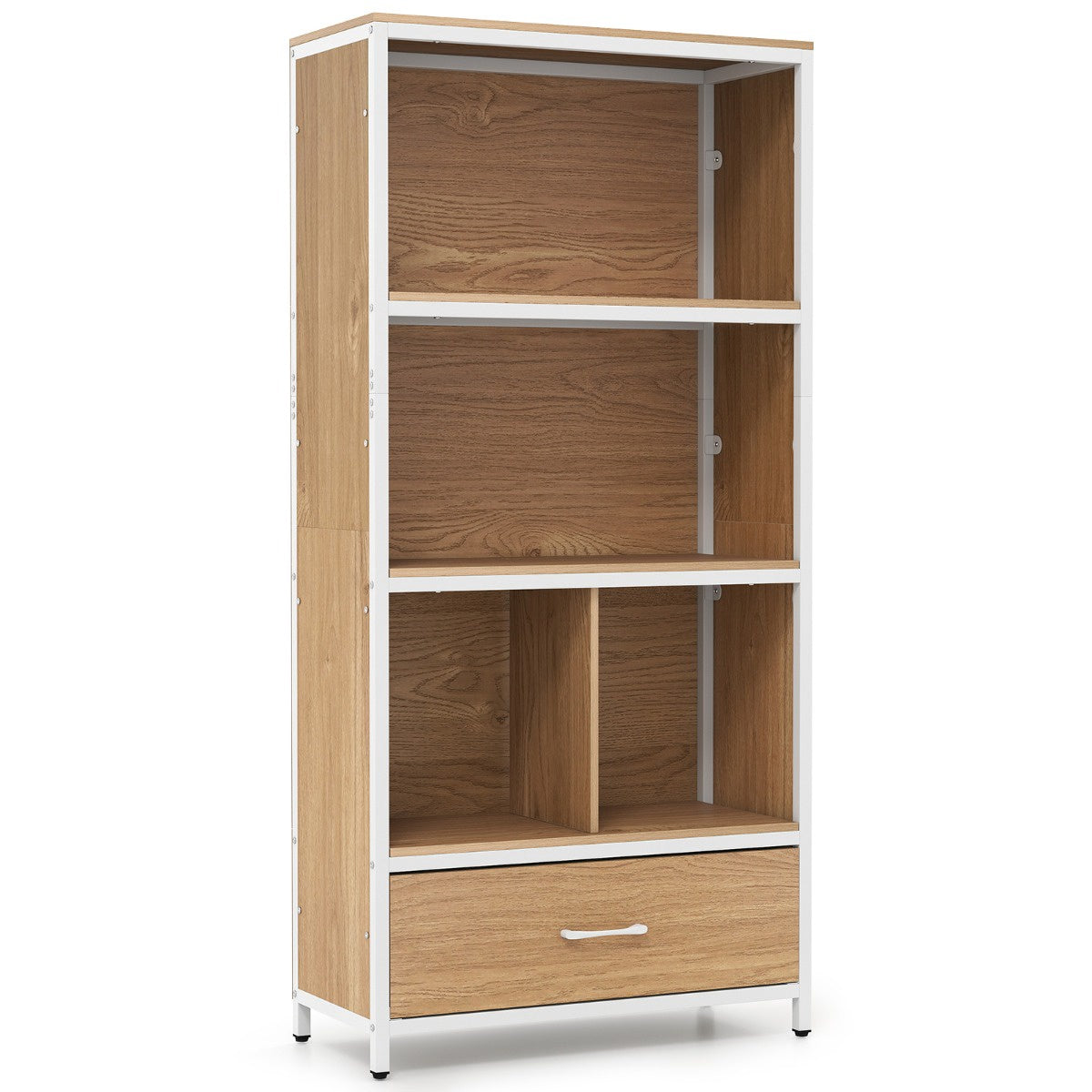 4-Tier Bookshelf with Open Shelves & Fabric Drawer