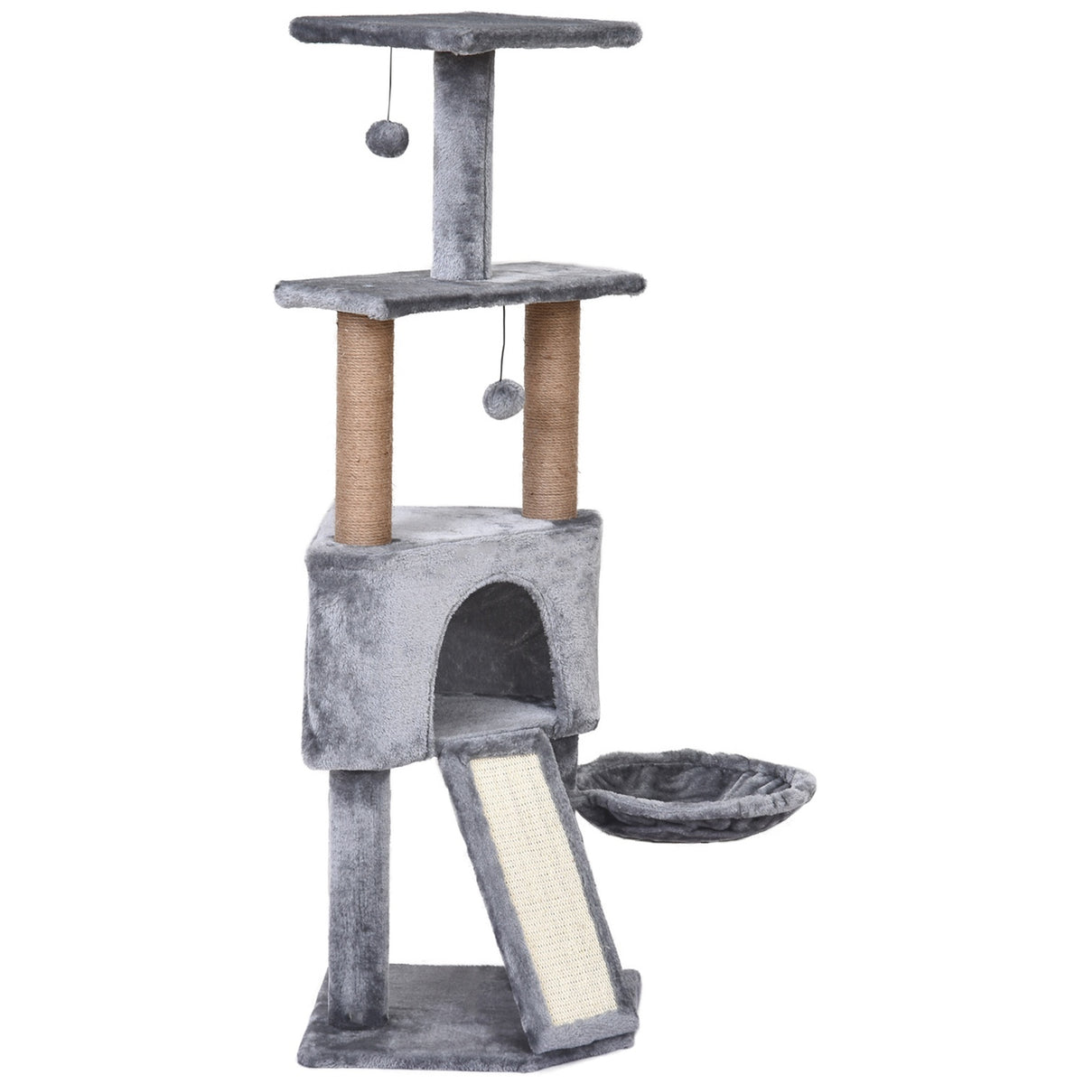 4-Tier Cat Tree With Hanging Bed, Play Balls, Sisal Column, Gray, 40X40X124Cm