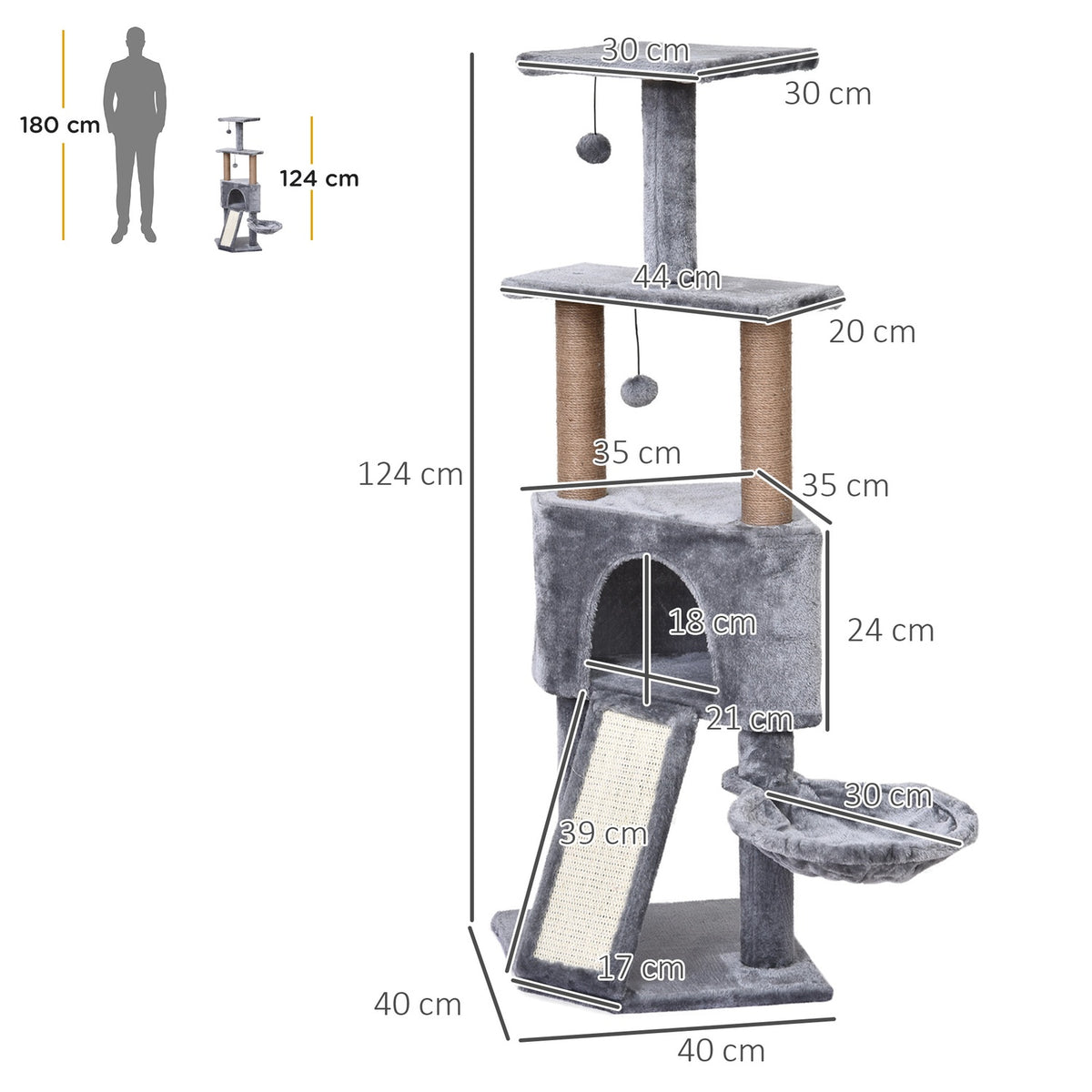 4-Tier Cat Tree With Hanging Bed, Play Balls, Sisal Column, Gray, 40X40X124Cm