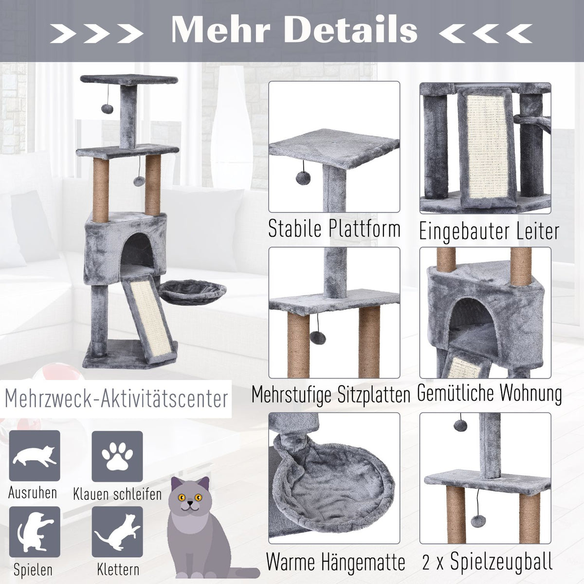 4-Tier Cat Tree With Hanging Bed, Play Balls, Sisal Column, Gray, 40X40X124Cm