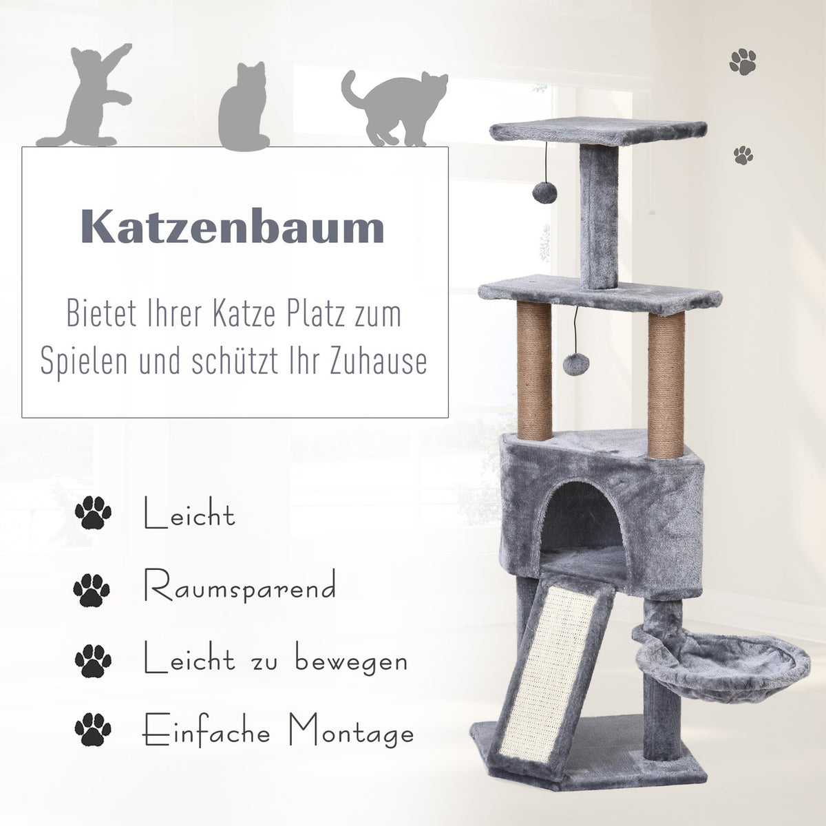 4-Tier Cat Tree With Hanging Bed, Play Balls, Sisal Column, Gray, 40X40X124Cm