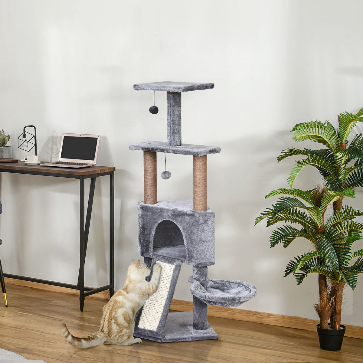 4-Tier Cat Tree With Hanging Bed, Play Balls, Sisal Column, Gray, 40X40X124Cm