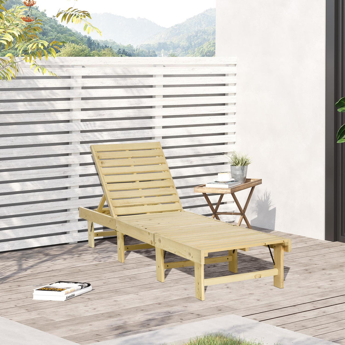 4-Tier Garden Lounger Sun Lounger Deck Chair Garden Furniture Garden Foldable Adjustable Natural Pine Wood 195 X 59 X 30 Cm