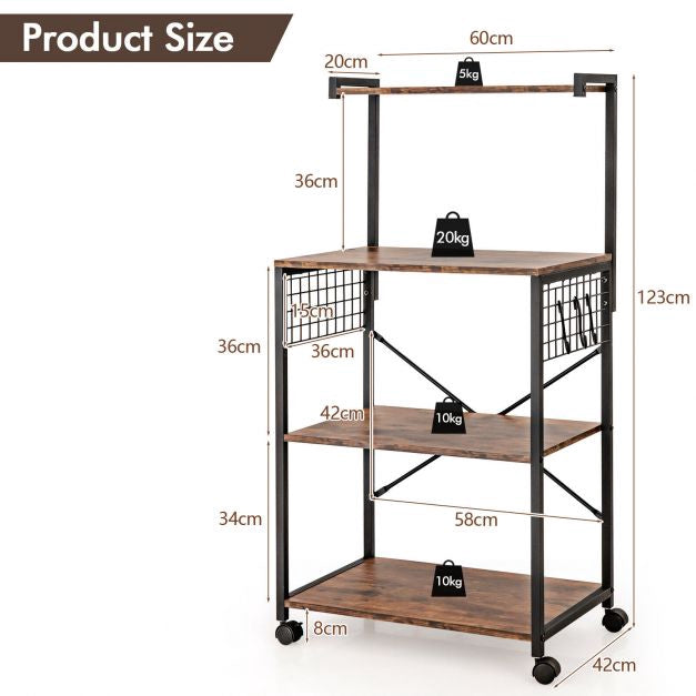 4-Tier Kitchen Baker's Rack With Wheels and Hooks