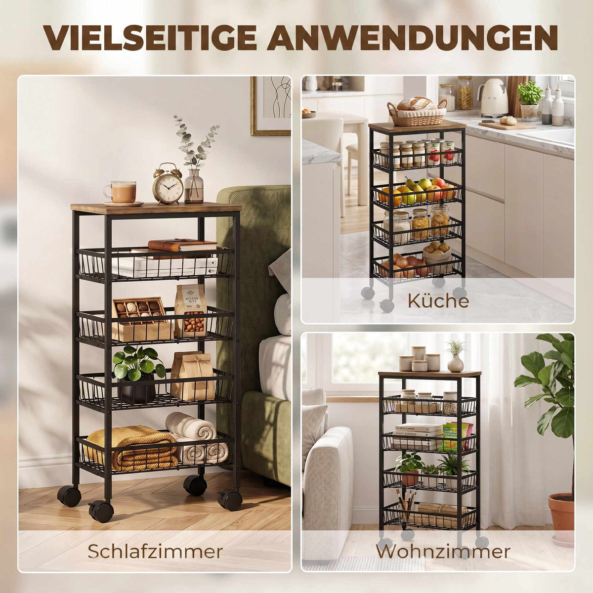 4-Tier Kitchen Trolley with Baskets and Wheels, Brown