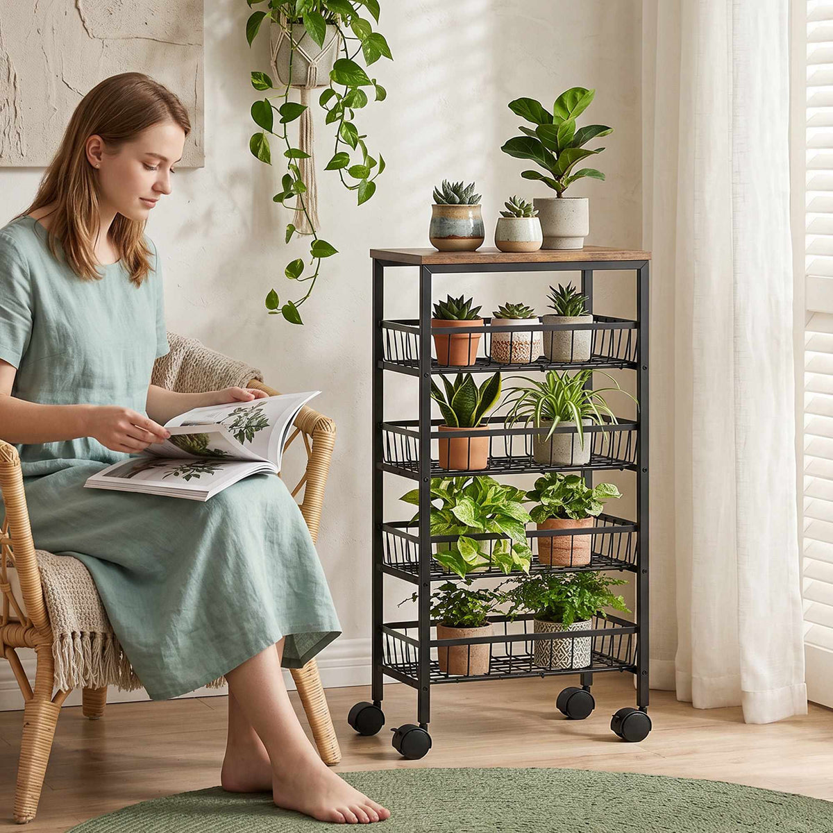 4-Tier Kitchen Trolley with Baskets and Wheels, Brown
