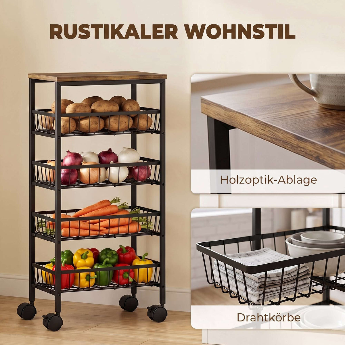 4-Tier Kitchen Trolley with Baskets and Wheels, Brown