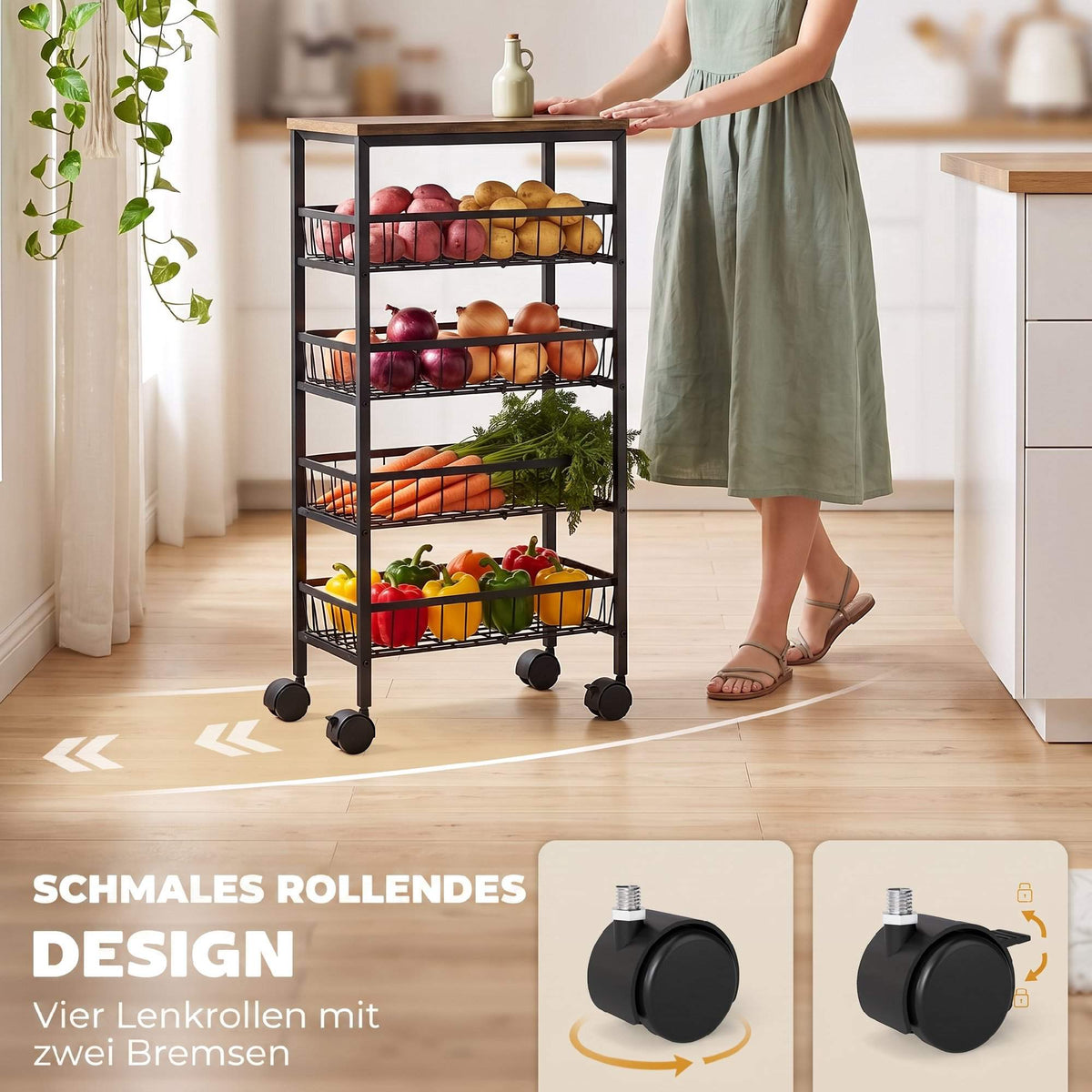 4-Tier Kitchen Trolley with Baskets and Wheels, Brown