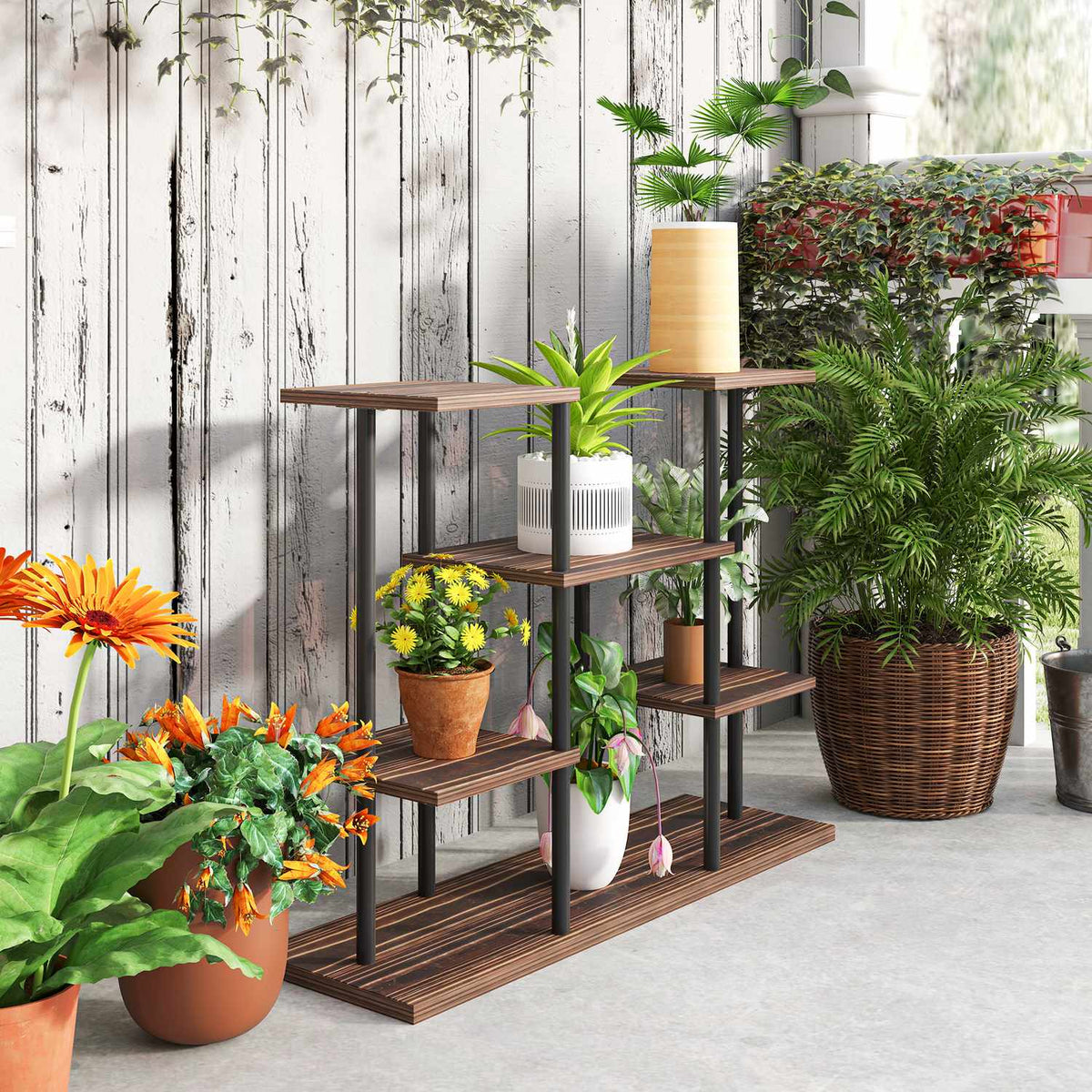 4-Tier Plant Stand, 61.5 cm High Flower Stand for Indoor Outdoor Use, Wooden Plant Shelf, Multi-Tier Flower Shelf, Flower Stairs Flower Pot Stand for Living Room, Garden Balcony, Charred
