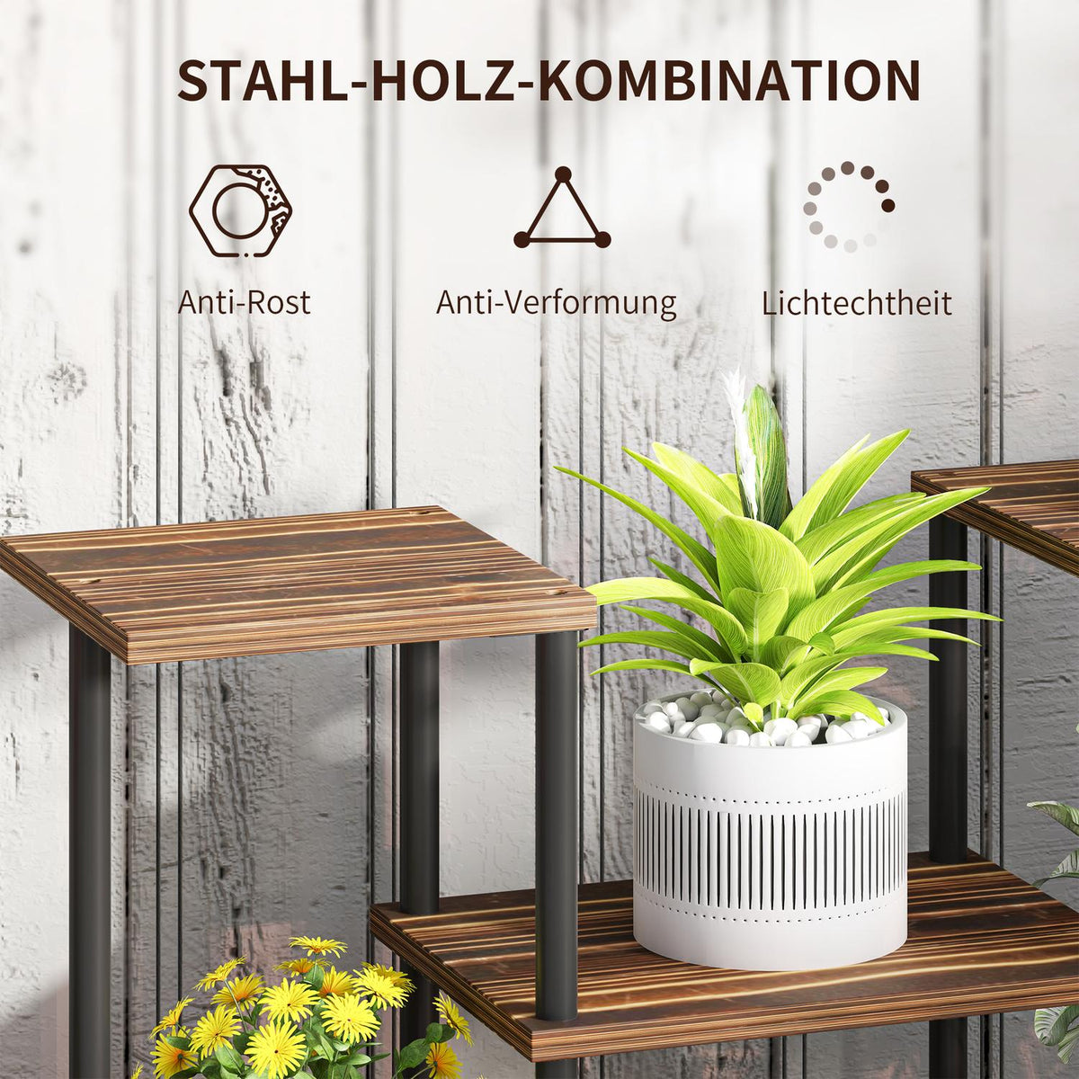 4-Tier Plant Stand, 61.5 cm High Flower Stand for Indoor Outdoor Use, Wooden Plant Shelf, Multi-Tier Flower Shelf, Flower Stairs Flower Pot Stand for Living Room, Garden Balcony, Charred