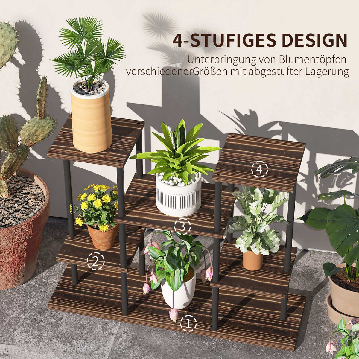 4-Tier Plant Stand, 61.5 cm High Flower Stand for Indoor Outdoor Use, Wooden Plant Shelf, Multi-Tier Flower Shelf, Flower Stairs Flower Pot Stand for Living Room, Garden Balcony, Charred