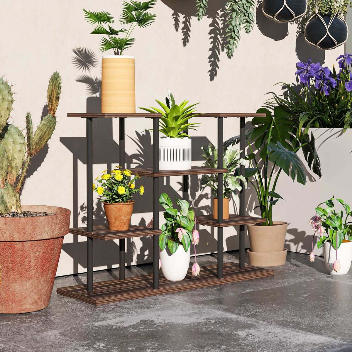 4-Tier Plant Stand, 61.5 cm High Flower Stand for Indoor Outdoor Use, Wooden Plant Shelf, Multi-Tier Flower Shelf, Flower Stairs Flower Pot Stand for Living Room, Garden Balcony, Charred