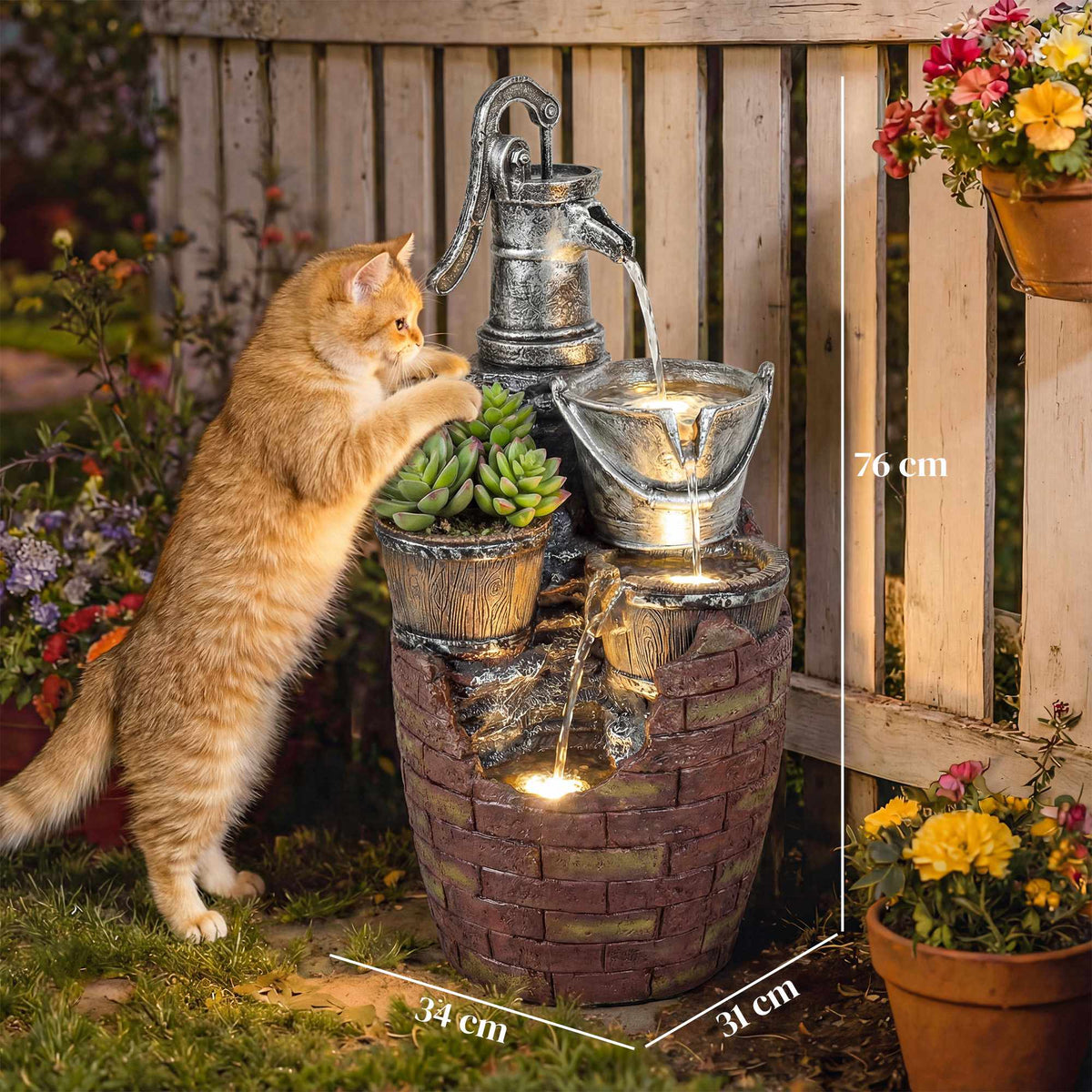 4-Tier Rustic Garden Fountain with LED Lights and Planter