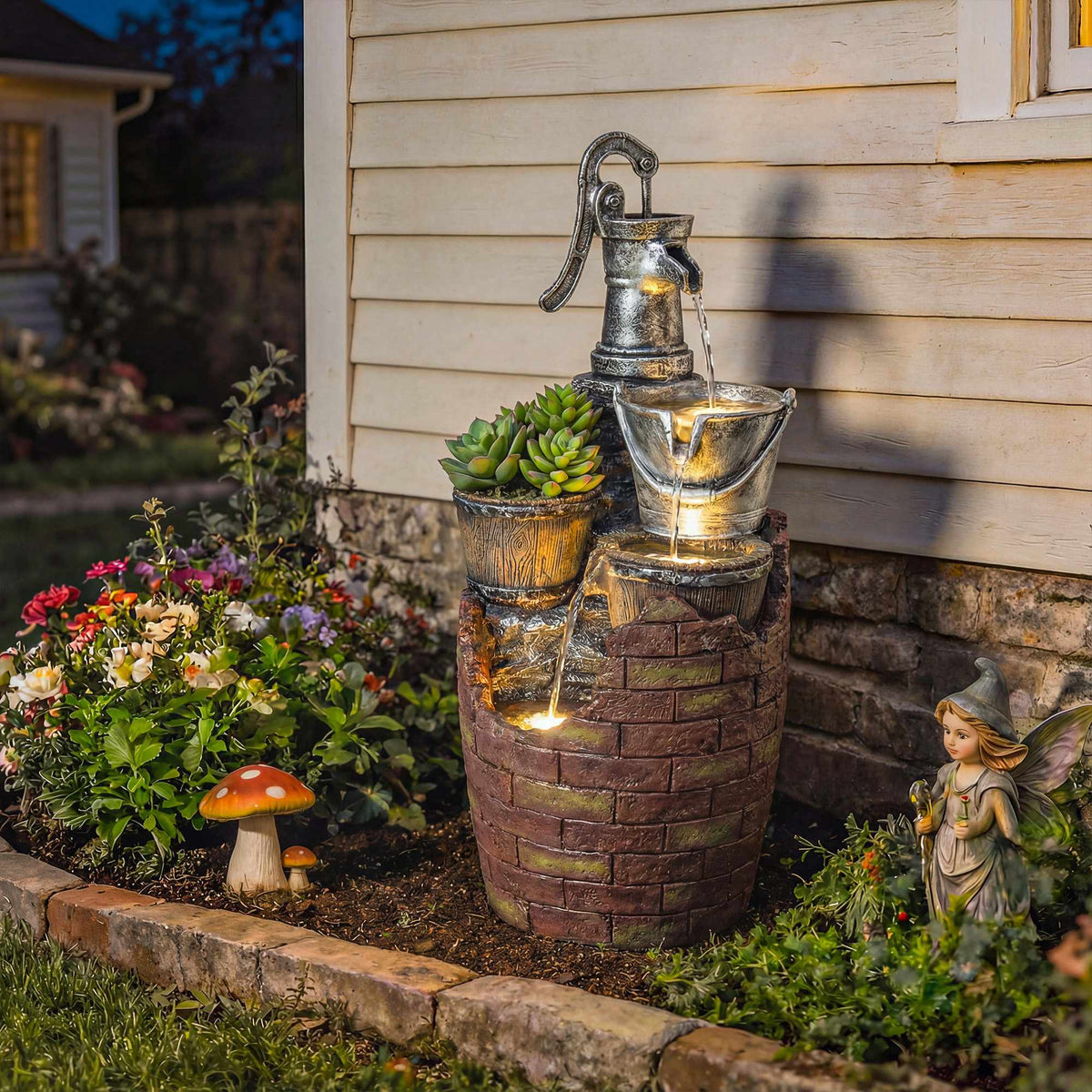 4-Tier Rustic Garden Fountain with LED Lights and Planter